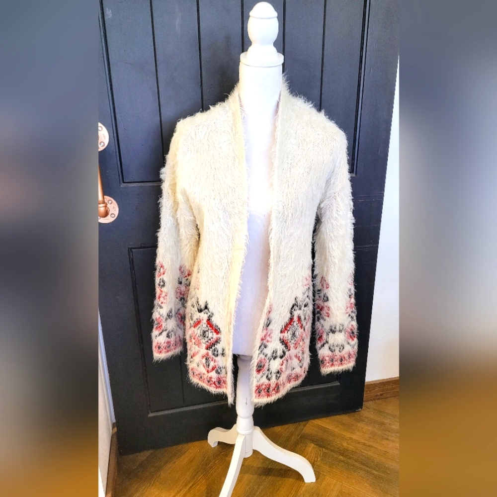 Knox Rose Tribal or Indian Print Cardigan Sweater, White Red Black, Soft Fluffy